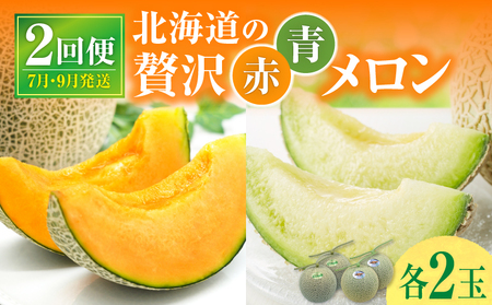 【 7月青肉・9月赤肉発送】北海道の贅沢　暑寒メロン食べ比べ2回便 【各2玉づつ】