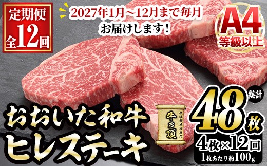 
                  ＜先行予約受付中・2027年毎月発送予定＞＜定期便・全12回＞おおいた和牛 ヒレステーキ (総計48枚・4枚×12回) 国産 牛肉 肉 霜降り A4 ヒレ ステーキ 和牛 ブランド牛 冷凍 大分県 佐伯市【DH271】【(株)ネクサ】
                