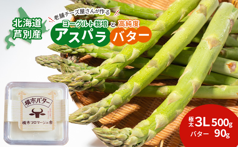 
            【2025年発送】アスパラ 横市ヨーグルト栽培  3L500g と 横市バター90g セット 横市フロマージュ舎 野菜 アスパラガス グリーンアスパラ 旬 とれたて お取り寄せ 産地直送 小分け 保存 芦別市 北海道 送料無料 バター [№5342-0317]
          