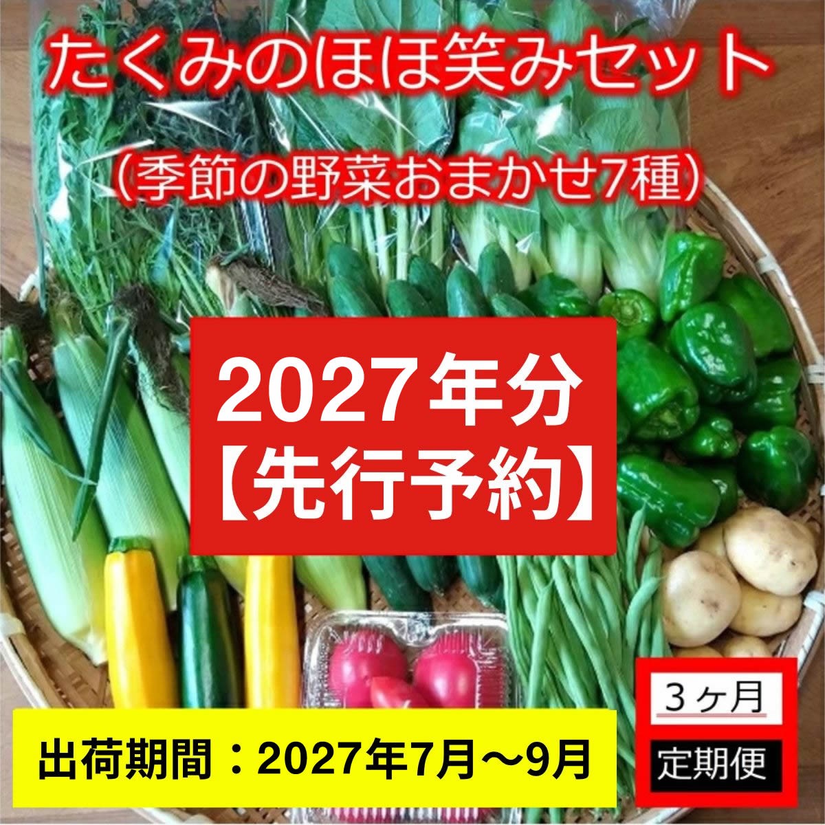 
                  【2027年分先行予約・3ヶ月定期便】旬の野菜7種詰め合わせ『たくみのほほ笑みセット』（2027年7～9月出荷／北海道・九州・沖縄県・離島は配送不可） 旬彩 長野県 信州 おまかせ 高原  産地直送 季節 有機 栽培 先行予約
                