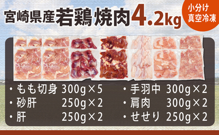 宮崎県産若鶏焼肉4.2kgセット_18-M604_(都城市) もも切身 砂肝 肝 手羽中 肩肉 小肉 カット済 焼き肉  バーベキュー 