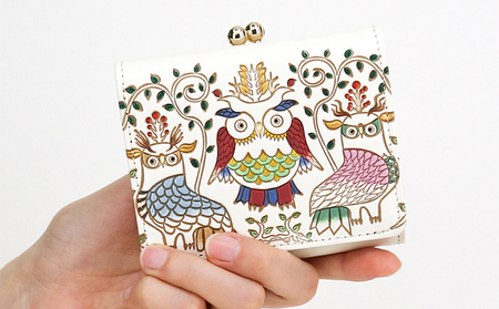 【文庫屋大関】三つ折りミニ財布　ふくろう【皮革工芸品】 ファッション 小物 民芸品 お札 カード 小銭 手のひらサイズ コンパクト 福来朗 福老 商売繁盛 牛革 手作り 国産 