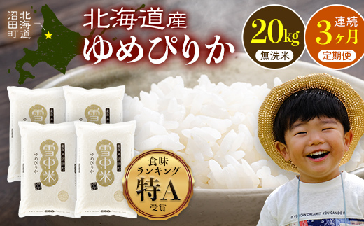 令和8年産【定期便3ヶ月】ゆめぴりか 無洗米 20kg（5kg×4袋） 【10月発送】開始 雪冷気 籾貯蔵 雪中米 北海道 nr-3478