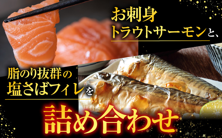＜12月14日決済分まで年内配送＞お刺身トラウトサーモン1kg、塩さばフィレ1枚×15P B-09054
