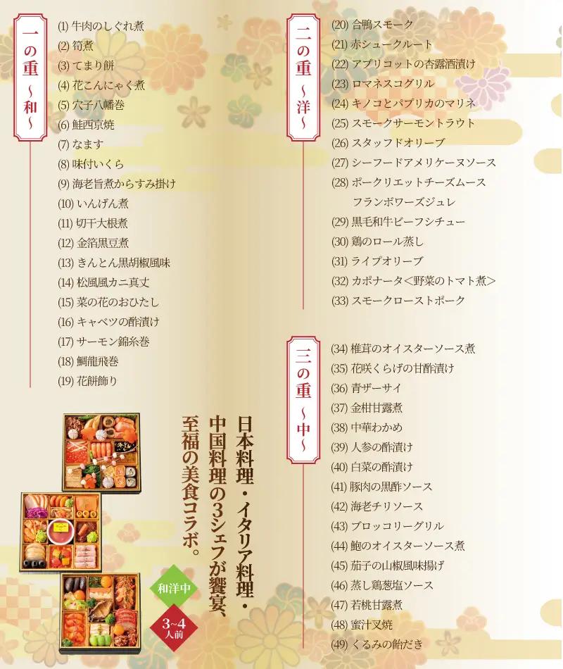 シェフコラボ 和洋中 おせち料理 三段重 髙島屋 3～4人前 日本料理 イタリア料理 中国料理 海鮮 肉料理 オードブル 豪華 3シェフ 至福 美食 盛付済み 冷蔵 期間限定 静岡県 富士市 [sf1