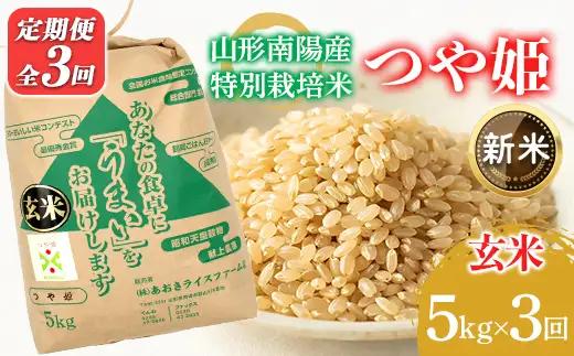 【令和8年産 新米 先行予約】 【金賞受賞農家】 《定期便3回》 特別栽培米 つや姫（玄米）5kg×3か月 《令和8年9月下旬～発送》 『あおきライスファーム』 山形南陽産 米 玄米 ご飯 農家直送 山形県 南陽市 [2628-R8A]
