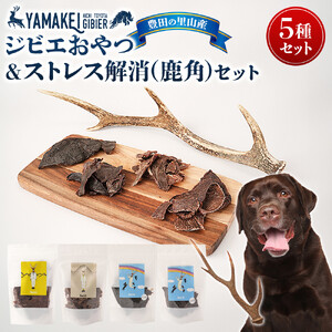 ジビエおやつ＆ストレス解消セット（鹿ジャーキー、猪ジャーキー、鹿レバージャーキー、鹿ハツジャーキー、鹿角）
