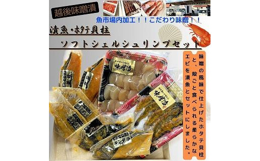 
【魚市場直送】越後味噌漬　漬魚切身(銀鮭切身　100g×2切・ギンダラ切身　100g×2切・カラスカレイ切身　100g×2切)+ほたて貝柱(350g×1パック)+ソフトシェルシュリンプ(5尾)セット
