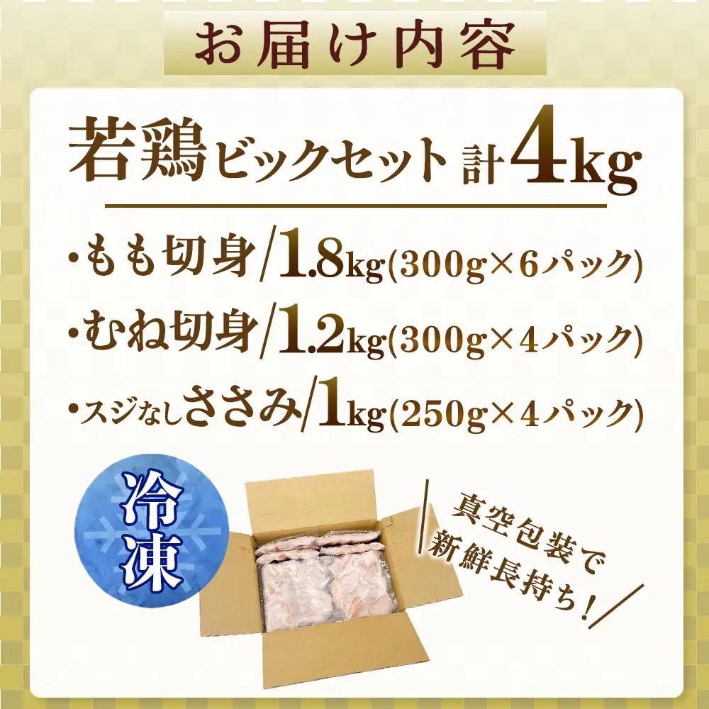 鶏肉 宮崎県産若鶏4kgビッグセット 若鶏 国産 モモ ムネ ササミ 