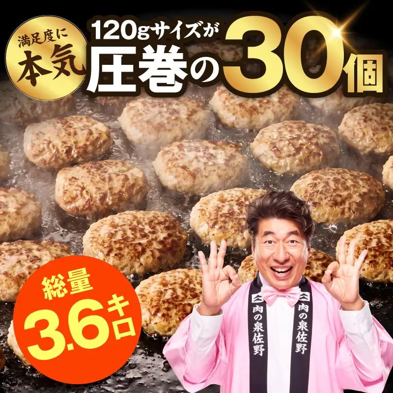肉の泉佐野 ハンバーグ 30個（合計3.6kg）｜ハンバーグ 訳あり 黒毛和牛×なにわポーク