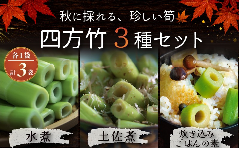 
                  【8月までの受付限定】国産 四方竹 づくし 3種セット 水煮 土佐煮 炊き込みごはんの素 計3袋 (2026年11月～発送) | 筍 たけのこ 竹の子 タケノコ 先行予約 珍味 希少 煮物 炊き込みご飯 天ぷら 炒め物 鰹だし 醤油 簡単調理 常温 高知 南国市 
                