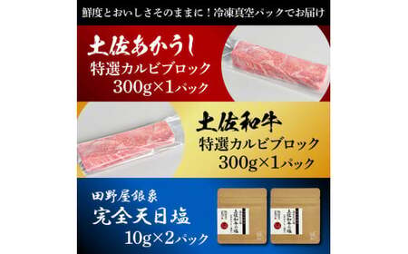 土佐あかうし＆土佐和牛2種食べ比べ 特選カルビブロック300g 計2P 田野屋銀象完全天日塩2P付 牛肉 肉 お肉 和牛 国産 牛 赤身 ヒレ カルビ ロース ブロック【株式会社LATERAL】 [B