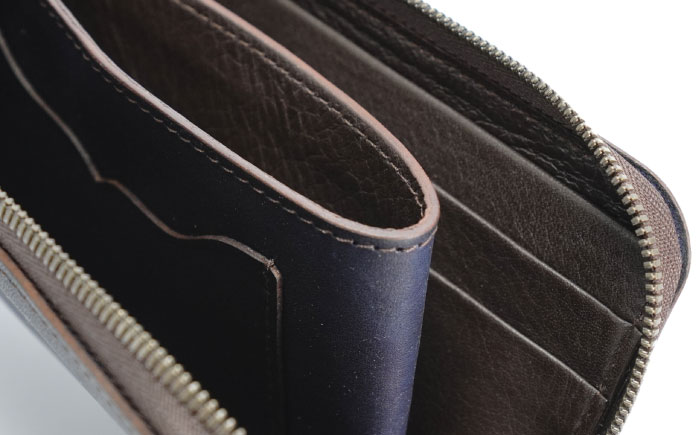 Ｌ字ファスナー財布「リセス」　濃藍　瀬戸内の海　天然藍染め・福山レザー　自社一貫製造　広島県福山市/株式会社サード　L字 長財布 財布 ウォレット カードポケット 経年変化 手染め　手擦り 天然藍染め