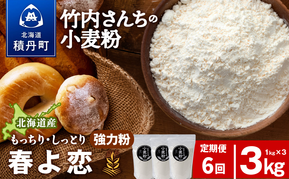 6ヵ月定期便 竹内さんちの小麦粉 強力粉【北海道 春よ恋 1kg×3袋 保存に便利なチャック付袋！】 小分け お菓子 パン