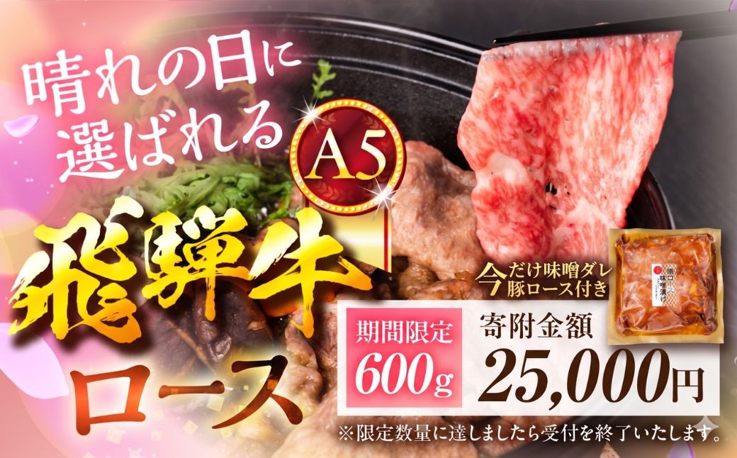 
                  【最短翌日発送！日付指定可！数量限定！】飛騨牛 A5等級 すき焼き用 ロース肉 600g 1200g 300g ×2 ×4 ≪選べる≫ すき焼き ロース A5 A5ランク 指定可 牛肉 黒毛和牛 和牛 国産 厳選 高級 冷凍 お祝い 記念日 ランキング 中部ミート 岐阜県 大垣市
                