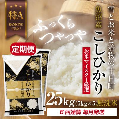 ふるさと納税 十日町市 【毎月定期便】[無洗米]魚沼産 コシヒカリ 25kg 精米 (お米の美味しい炊き方ガイド付)全6回