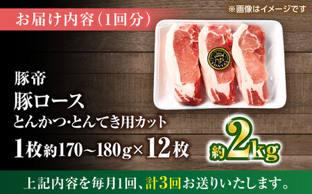 【全3回定期便】豚帝 ロースとんかつ・とんてき用 カット 約2kg（1枚約170〜180g×12枚）【KRAZY MEAT(小田畜産)】[ZCP166]