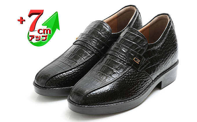 ビジネスシューズ 本革 革靴 紳士靴 牛革クロコ調スワローモカ 7cmアップ シークレットシューズ No.236 ブラック  25.0cm