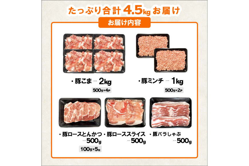 豚肉 宮崎県産豚肉 バラエティ セット 計4.5kg [南九フーズ 宮崎県 日向市 452061538] こま ミンチ 挽肉 ロース とんかつ しゃぶしゃぶ 生姜焼き 小分け