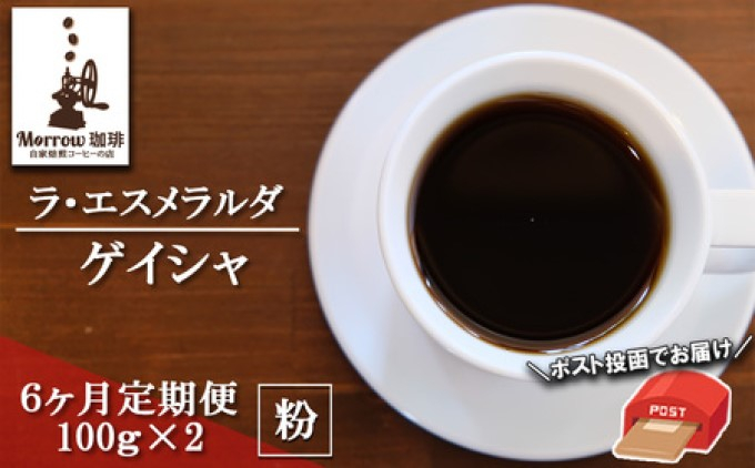 
            定期便 6ヶ月 世界最高峰 珈琲の一つ ゲイシャ (粉) 100g×2 ポスト投函 珈琲 コーヒー 6回 お楽しみ Morrow珈琲
          