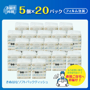 ティッシュ きぬはな ソフトパック 100個 パルプ100％ コンパクト 箱なし フィルム包装 花柄 富士山の天然水 国産 防災 備蓄 日用品 生活用品 消耗品 静岡県 富士市 [sf002-385]
