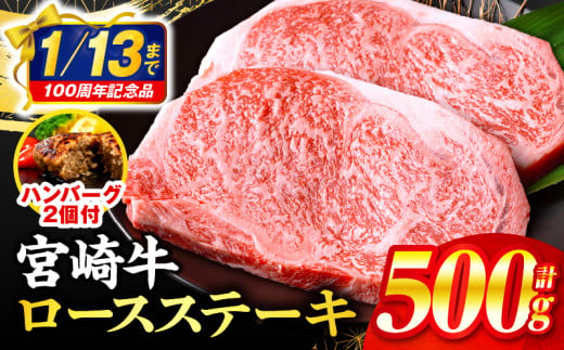 【2025年5月発送】【市制100周年特別規格・期間限定】宮崎牛ロースステーキ250g×2 合計500g+合挽きハンバーグ100g×2個_M132-014-B-may