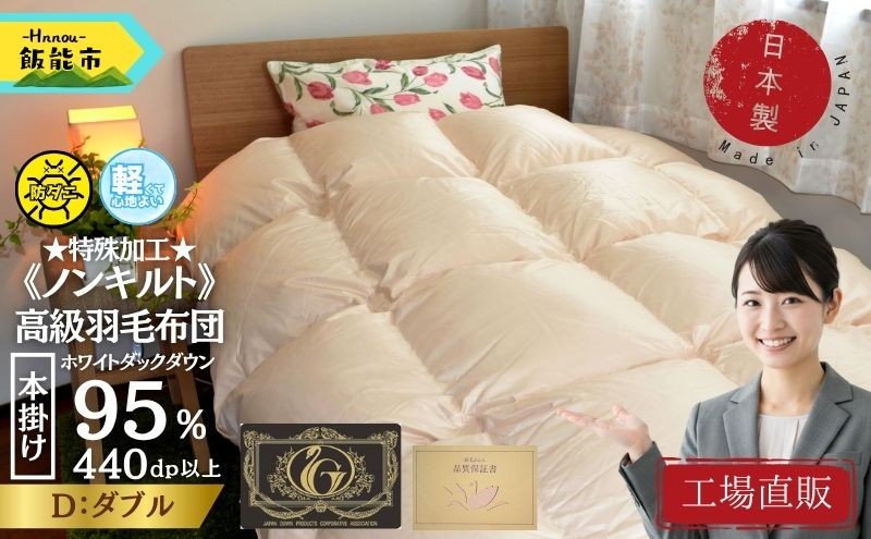 
                  【工場直販】高級ノンキルト羽毛布団＜クリーンワッフル＞ホワイトダウン95% プレミアムゴールド＜ダブル/ミクロス側地/防ダニ/アレルゲン対策＞ 【 ふるさと納税 埼玉県 飯能市 送料無料 工場直送 職人 ダック フェザー 寝具 本掛け 冬 インテリア 寝室 ギフト 贈り物 プレゼント 】HNNCG006
                