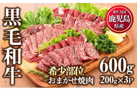 No.547 鹿児島県産黒毛和牛希少部位おまかせ焼肉(計600g・200g×3P)国産 九州産 牛肉 黒毛和牛 和牛 焼肉 焼き肉 希少部位  三角バラ フランク カイノミ 冷凍【カミチク】