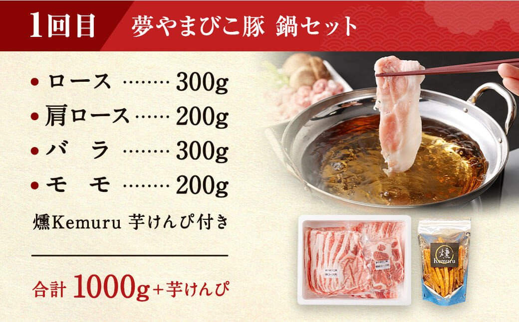 【4回定期便 (3ヶ月に1回) 】夢やまびこ豚 鍋セット(ロース･肩ロース･バラ･モモ)×2回 焼肉セット(ロース･肩ロース･バラ･ヒレ･小間切れ)×2回 燻Kemuru 芋けんぴ付き 合計4kg_イ