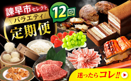 【12回定期便】バラエティ定期便 諫早市セレクト / ステーキ 菓子 いちご 牡蠣 ハンバーグ しゅうまい うなぎ ケーキ シャインマスカット 米 豚肉 かまぼこ / 諫早市[AHDC040]