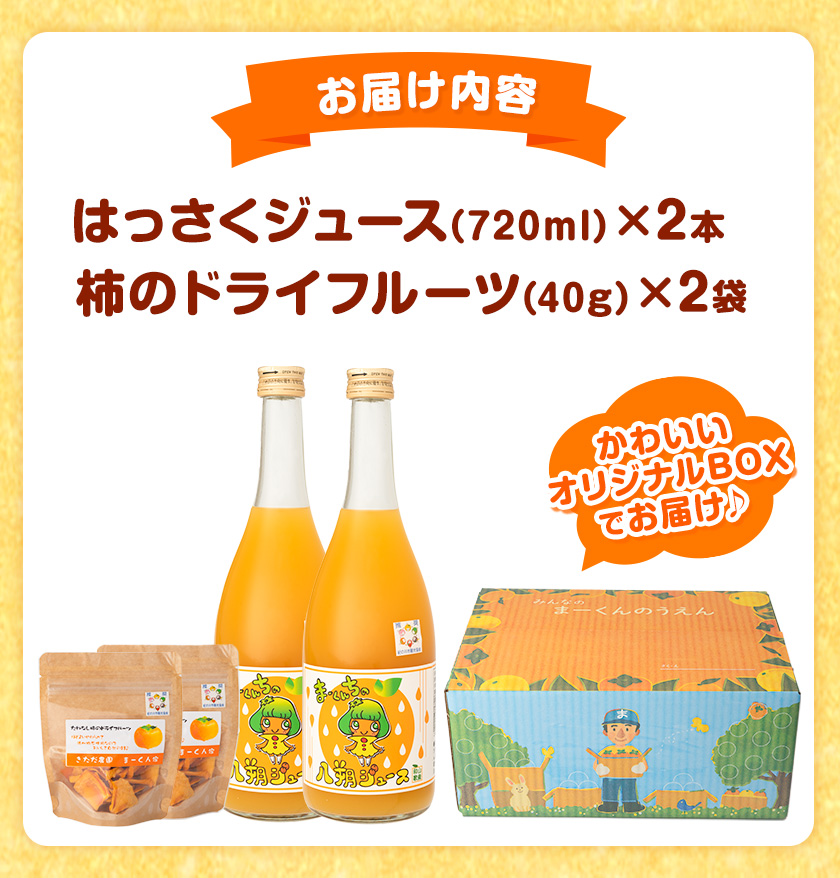 まーくん家のはっさくジュース（720ml×2本）と柿のドライフルーツ2袋 《90日以内に出荷予定(土日祝除く)》 和歌山県 紀の川市 柑橘 はっさく柿 たねなし柿 きただ農園まーくん家 化学肥料・除草