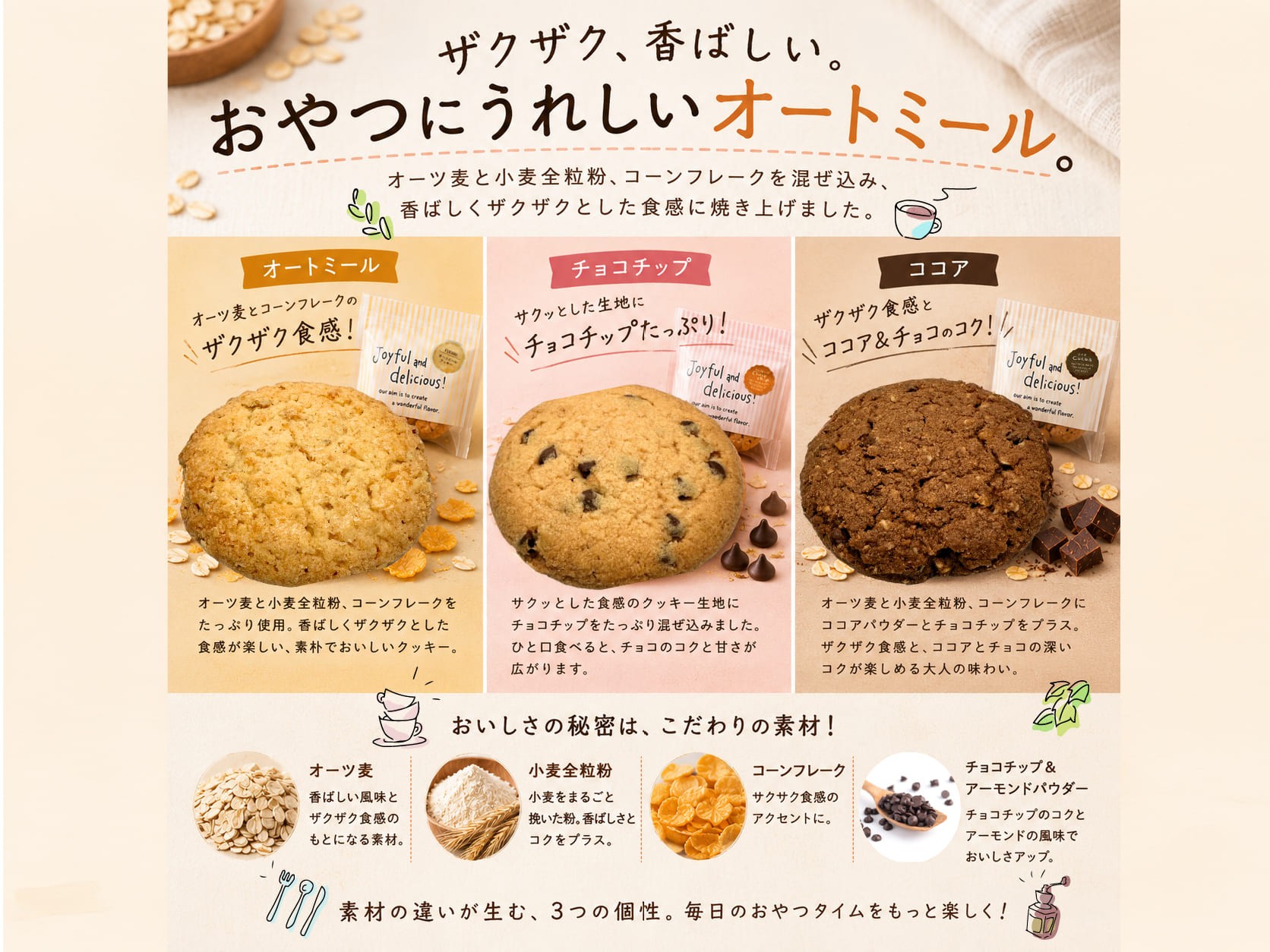 クッキー詰め合わせ 3種 30枚（5枚入×6袋）｜オートミール・ココア・チョコチップ 食べ比べ お菓子 焼き菓子