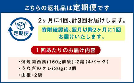 【年3回定期便】 うなぎの蒲焼 （関西風） を2ヶ月に1回 2尾 お届け （合計6尾） 鰻 ウナギ 鰻の蒲焼 蒲焼き タレ うなぎのタレ 山椒 国産
