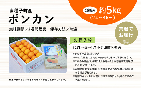 《 先行予約　2025年12月中旬頃〜1月中旬頃順次発送 》種子島産ポンカン(ご家庭用) 約5kg (24玉～36玉)【南種子町果樹部会】