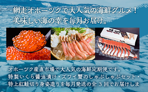 【毎月定期便】人気の紅鮭、生冷ズワイ蟹しゃぶ、特製いくら醤油漬け80g×3瓶の定期便全3回 ABAO096