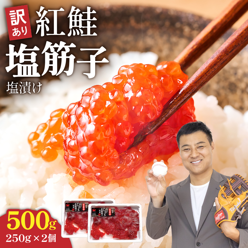 〈8月配送〉訳あり 紅鮭塩筋子500g (250g×2個入）加藤水産 ひとくちカット　すじこ 魚卵 海鮮 おかず おにぎりの具 贈答 ギフト 人気 留萌市 R002-005-08