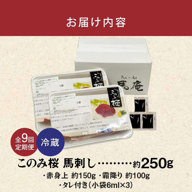 このみ桜　馬刺し　赤身上・霜降りセット　9回定期便_このみ桜 馬刺し 赤身上 約 150g 霜降り 約 100g 2種類 セット 定期便 9回 食べ比べ オリジナルブランド 旨味 とろけるような食感 赤身 上質 冷蔵配送 馬庵このみ 馬肉 生肉 肉 おつまみ スライス 福岡県 久留米市 お取り寄せ 送料無料_Tk037