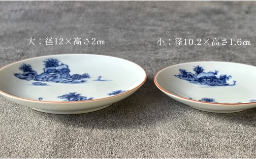 有田焼 山水絵小皿大・小 2枚1組【起山窯】食器 器 うつわ 小皿 手描き 染付 山水絵 2枚 セット ギフト プレゼント co022