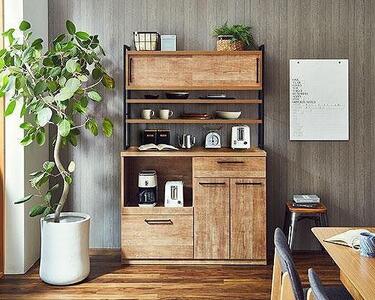 【開梱設置】食器棚 レンジ台 アイン 上台引き戸タイプ 幅119.7cm レディオーク キッチンボード キッチン収納 おしゃれ 家具 大川家具 幅120cm 収納家具 棚 アイアンフレーム