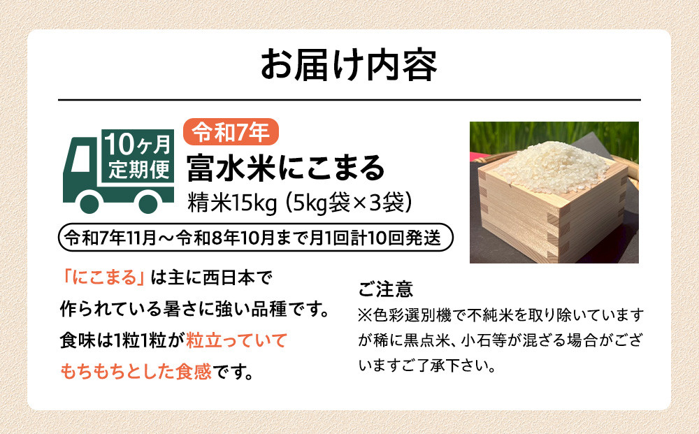 令和7年産　毎月お届け　定期便　富水米　精米　15kg×10か月　にこまる
