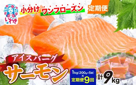 〈定期便9回〉アイスバーグサーモン（アトランティックサーモン）　約1kg（約200g×5袋） | アイスバーグサーモン アトランティックサーモン 産地直送 冷凍 お取り寄せ サーモン 切り身 北欧 ノルウェー 高たんぱく オメガ3 健康志向 | DK006-t9