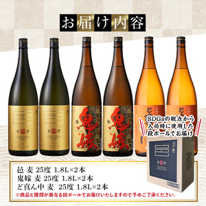 岩川醸造 本格 麦焼酎 飲み比べ 一升瓶 6本 セット (麦焼酎の邑、ど真ん中、鬼嫁：各1800ml×2本)【大隅家】C29-v01