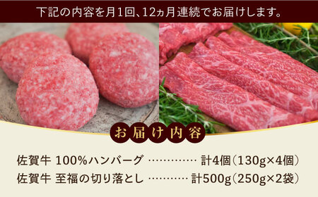 【牧場直送】【全12回定期便】佐賀牛100％ハンバーグ4個と至福の切り落とし500g 佐賀県/有限会社佐賀セントラル牧場[41ASAA214]