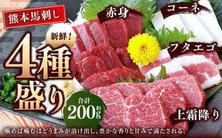 熊本 馬刺し 4種盛り 約200g （赤身・コーネ・フタエゴ・上霜降り 各約50g×1） 馬刺 馬肉 馬 赤身刺し コウネ ふたえご 霜降り 冷凍