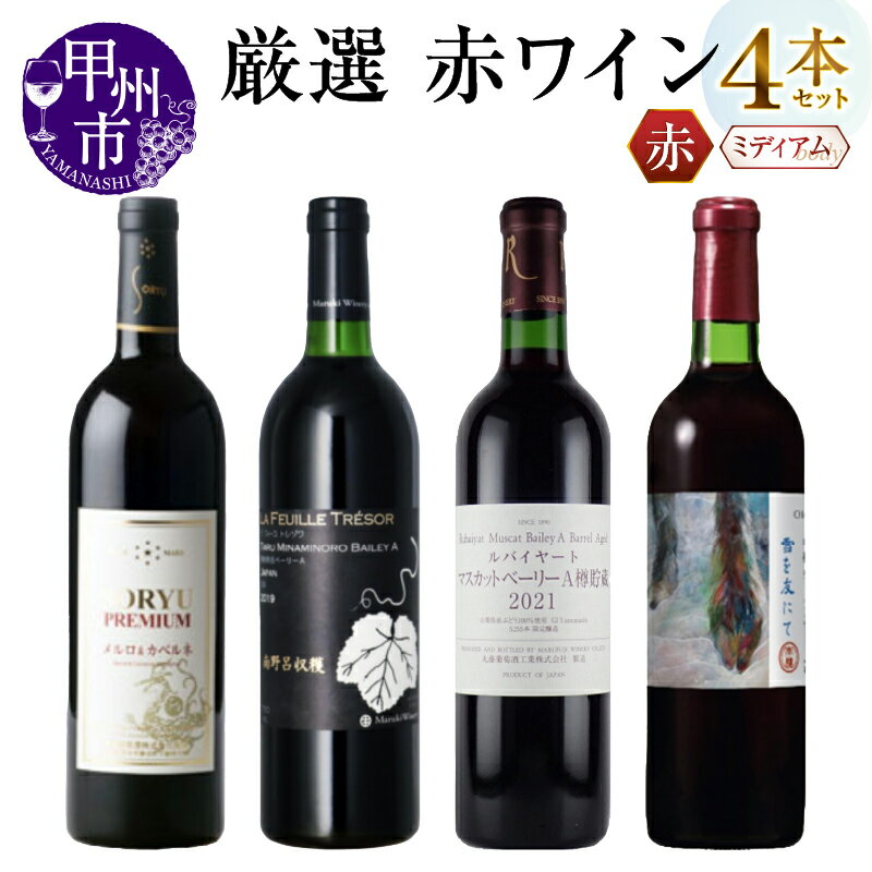 【ふるさと納税】 ワイン セット 赤 4本 赤ワイン 飲み比べ プレミアムメルロー＆カベルネ ラフィーユトレゾワ樽南野呂ベーリーA ルバイヤートマスカットベーリーA樽貯蔵 甲斐ノワール樽熟成 雪を友にて 甲州 母の日 父の日 記念日 ギフト 山梨 肉料理 （MG） 【D9-651】