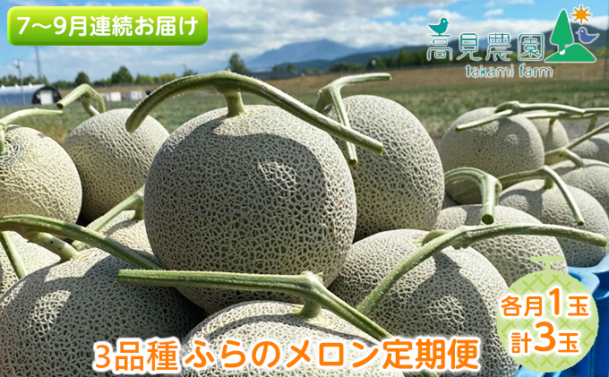 【2026年7～9月連続お届け】3品種 ふらの メロン 定期便 ≪計3玉≫ 北海道 富良野市 (高見農園) メロン フルーツ 果物 新鮮 甘い 贈り物 ギフト 道産 ジューシー おやつ ふらの ブランド 夏