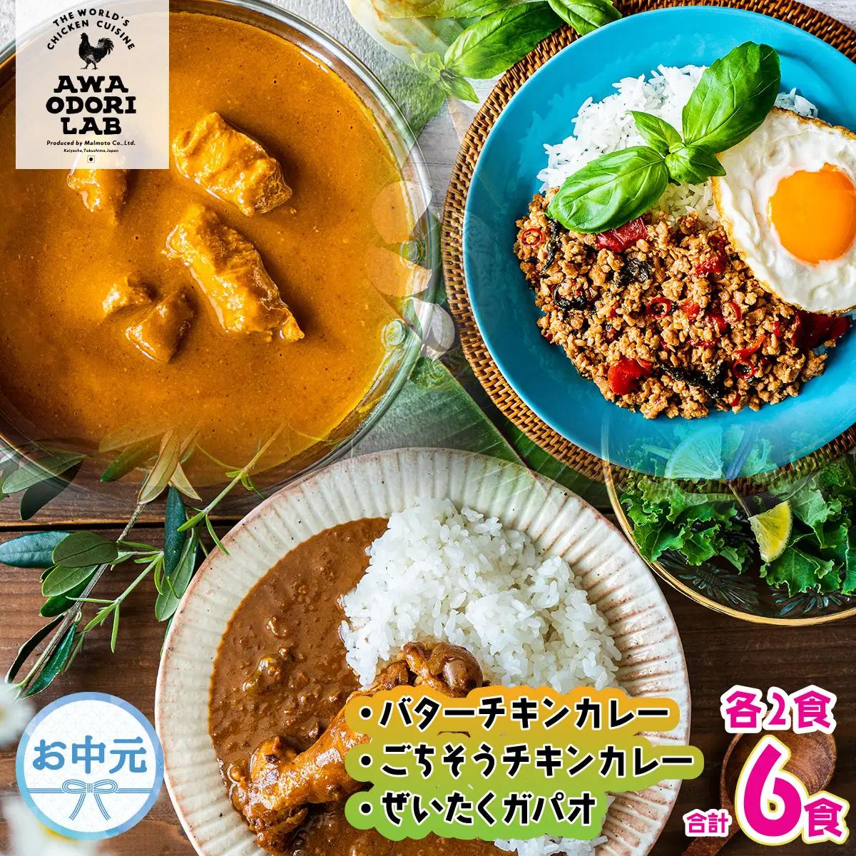 【お中元用】 旅する阿波尾鶏シリーズ 3種 各2食入 計6食 バターチキンカレー ごちそうカレー ぜいたくガパオ カレー ガパオ タイ料理 常温 レトルト
