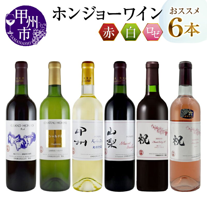 【ふるさと納税】 ワイン ホンジョーワイン 飲み比べ 6本 セット 酒 日本 赤 ミディアムボディ ライトボディ ロゼ 白 辛口 岩崎醸造 勝沼 マスカットベリーA カベルネソーヴィニヨン ブレンド 山梨県 母の日 父の日 記念日 ギフト 甲州市 (MG) 【E-624】