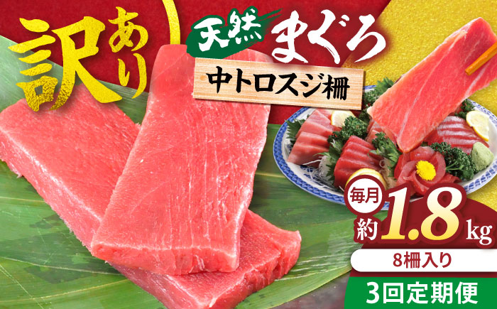 
                  【全3回定期便】【訳あり】天然 本まぐろ 中トロ 計約1.8kg (8柵入り) マグロ  中トロ さしみ 刺身 お刺身 国産マグロ おすすめまぐろ 鮪 マグロ 魚 刺身 中とろ とろ トロ 訳あり 横須賀鮪 魚 横須賀【横須賀商工会議所 おもてなしギフト事務局（本まぐろ直売所 横須賀本店）】 [AKAK071]
                