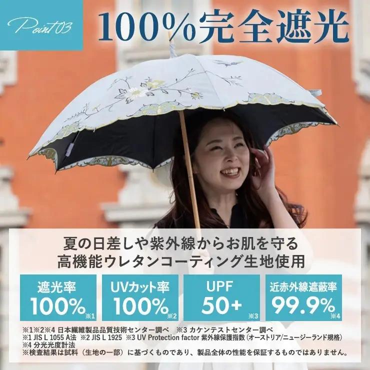 【シノワズリーモダン京都】優雅刺繍かわず張り長日傘 花鳥 ホワイト｜京都 日傘ブランド おしゃれ 人気